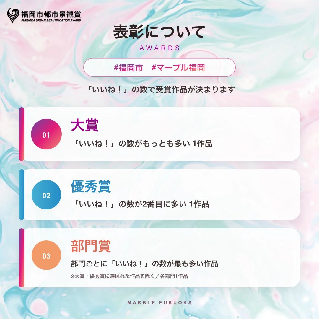 表彰について 「いいね!」の数で受賞作品が決まります 大賞:「いいね!」の数がもっとも多い1作品 優秀賞:「いいね!」の数が2番目に多い1作品 部門賞:部門ごとに「いいね!」の数が最も多い作品(大賞・優秀賞に選ばれた作品を除く/各部門1作品)
