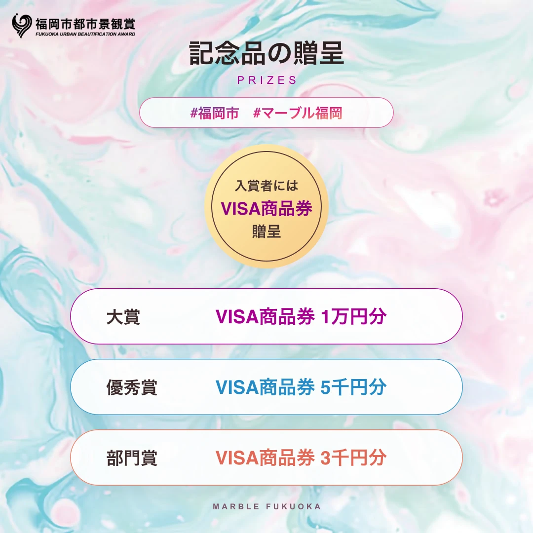 記念品の贈呈 入賞者にはVISA商品券贈呈 大賞:VISA商品券1万円分 優秀賞:VISA商品券5千円分 部門賞:VISA商品券3千円分